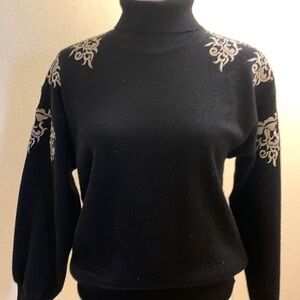 Meister Black Poly and Wool Turtle Neck Sweater with Gold Appliques size S